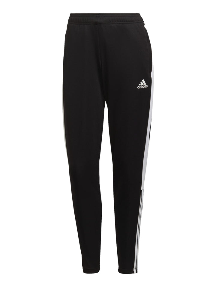 Pantalones deportivos Adidas color negro con tres franjas blancas laterales y corte ajustado.