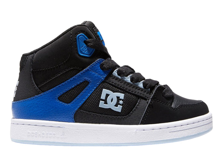 Tenis DC Shoes Pure Hi de bota alta en color negro con detalles en azul royal y suela blanca.