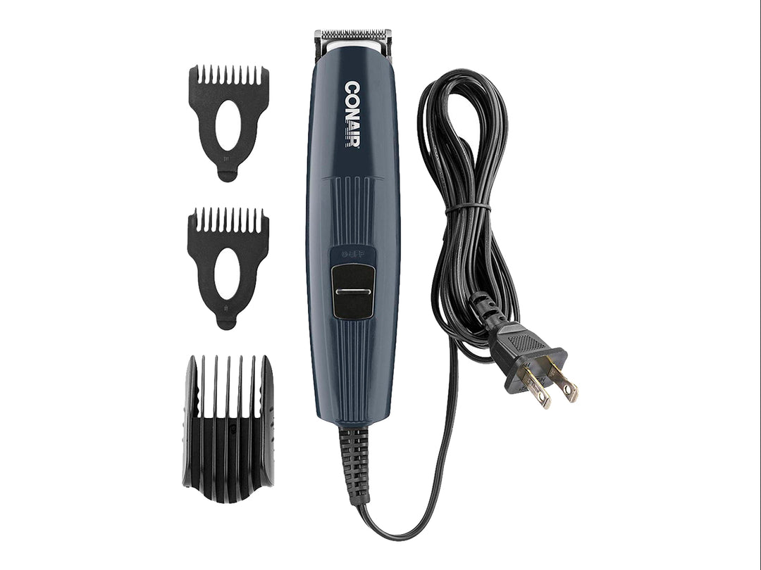Juego de peluquería Conair color gris titanium con tres peines guía y cable de alimentación.
