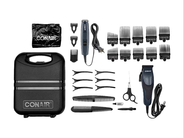 Juego de peluquería Conair color gris titanium con tres peines guía y cable de alimentación.