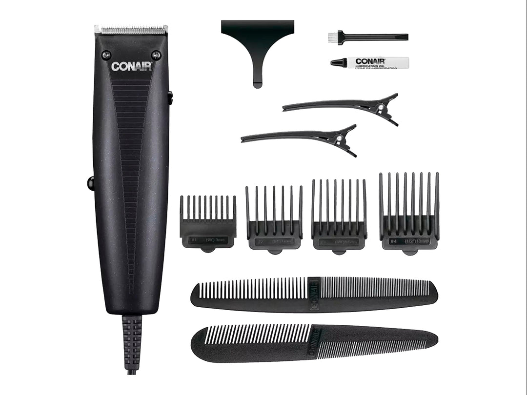 Recortadora de cabello eléctrica Conair en color negro con cuchillas plateadas y cable de alimentación.