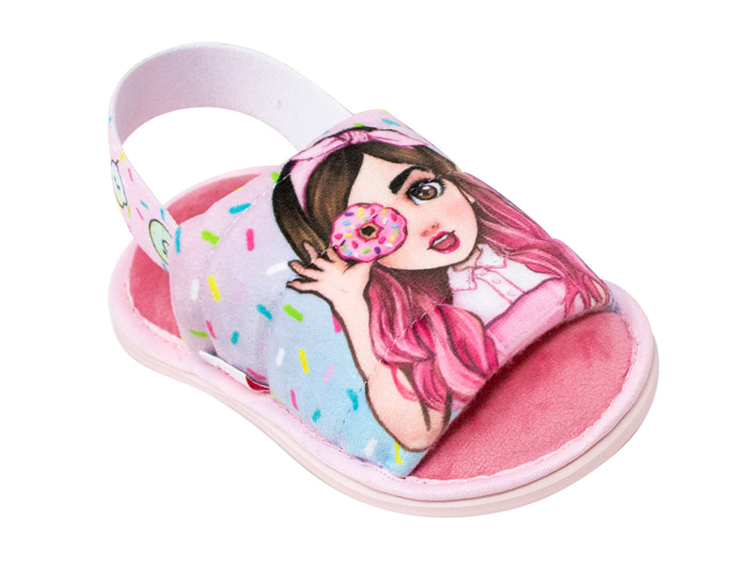 Pantufla rosa para niña con estampado de una niña con cabello rosa y una dona.