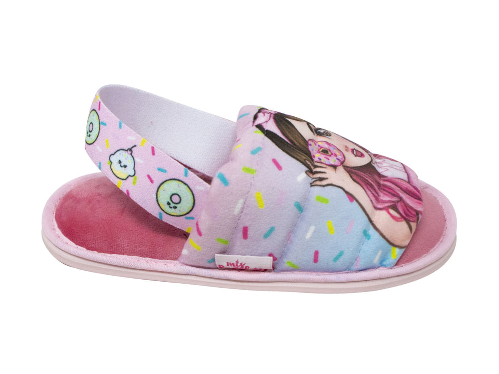 Pantufla rosa para niña con estampado de una niña con cabello rosa y una dona.