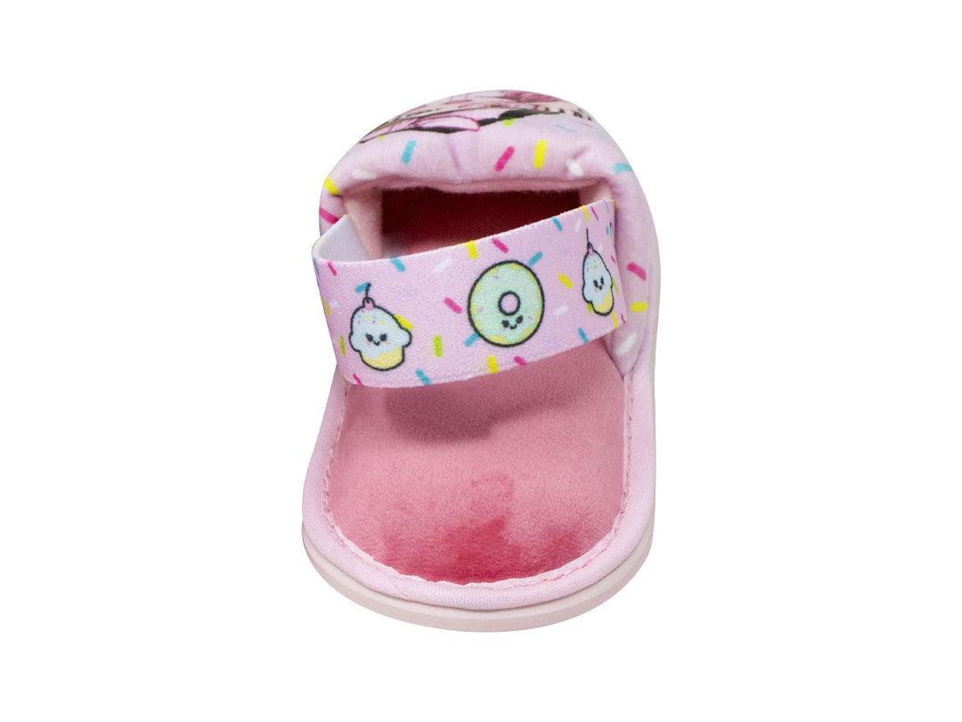 Pantufla rosa para niña con estampado de una niña con cabello rosa y una dona.
