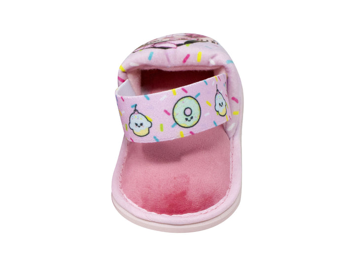 Pantufla rosa para niña con estampado de una niña con cabello rosa y una dona.