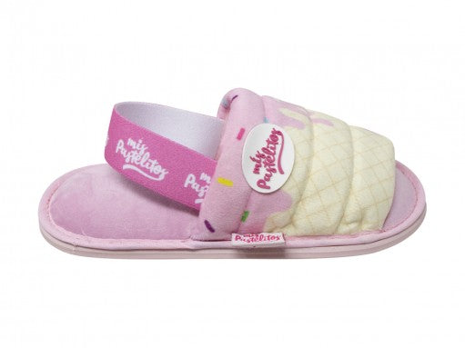 Pantufla rosa para niña con diseño frontal amarillo acolchado tipo waffle y correa trasera.