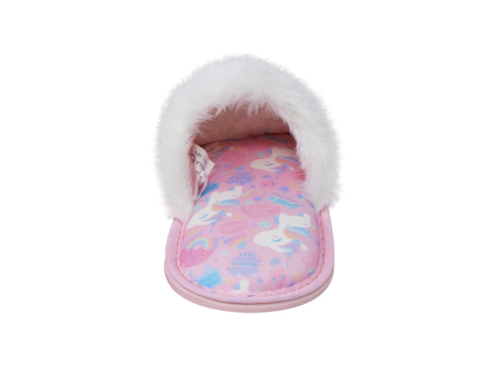Pantufla blanca de peluche con diseño de unicornio multicolor y suela rosa.