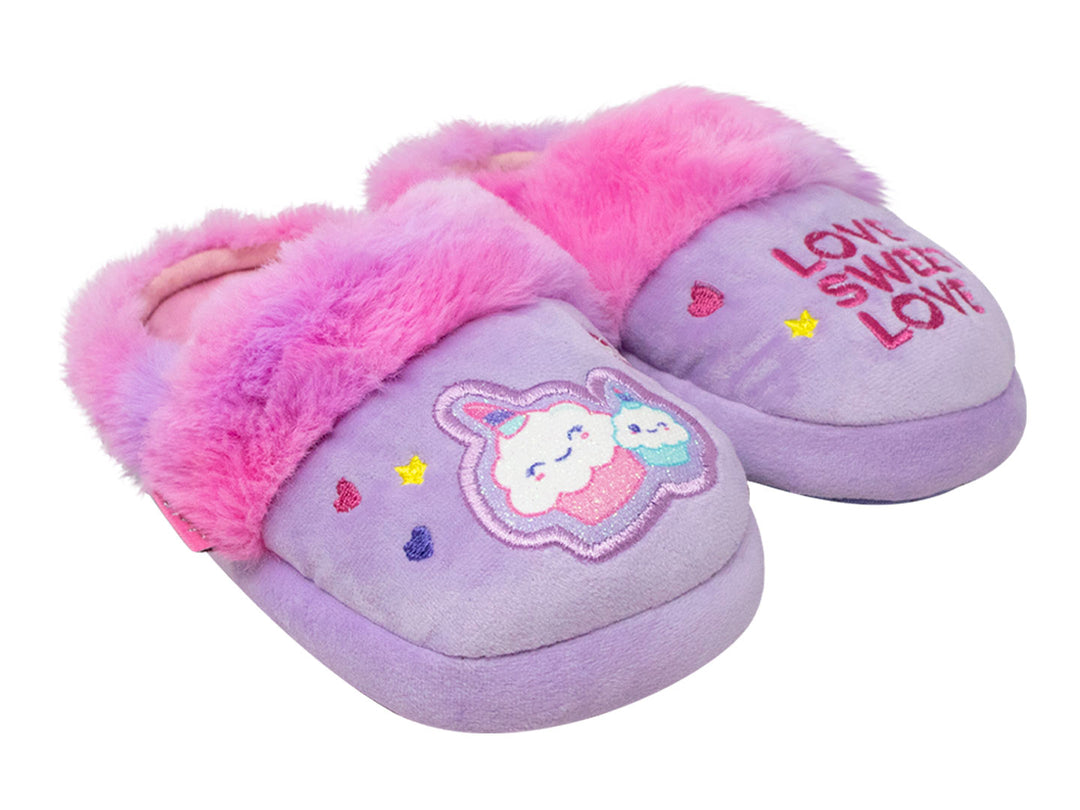Par de pantuflas infantiles moradas y rosas con diseño de cupcake y texto Love Sweet Love.