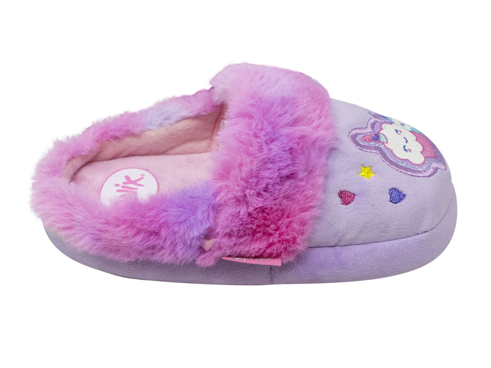Par de pantuflas infantiles moradas y rosas con diseño de cupcake y texto Love Sweet Love.
