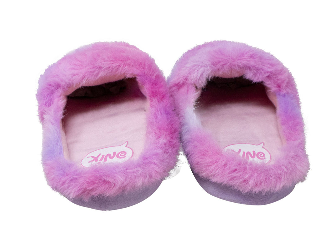 Par de pantuflas infantiles moradas y rosas con diseño de cupcake y texto Love Sweet Love.