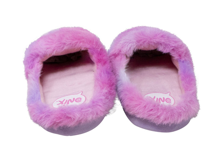 Par de pantuflas infantiles moradas y rosas con diseño de cupcake y texto Love Sweet Love.