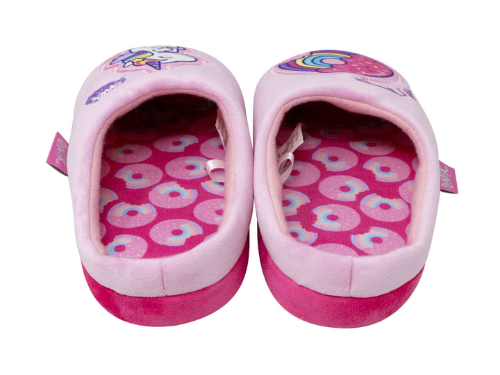 Par de pantuflas rosas para niña con diseños bordados de dona y unicornio.