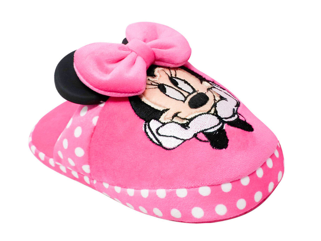 Pantufla fucsia de Minnie Mouse con moño rosa y lunares blancos.