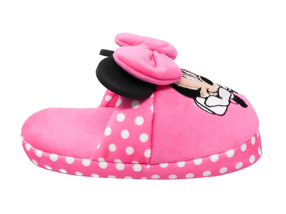 Pantufla fucsia de Minnie Mouse con moño rosa y lunares blancos.