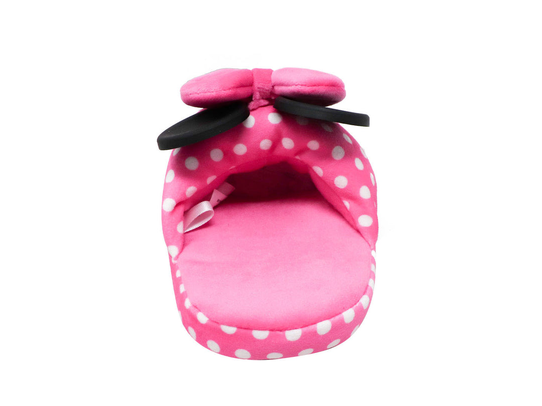 Pantufla fucsia de Minnie Mouse con moño rosa y lunares blancos.