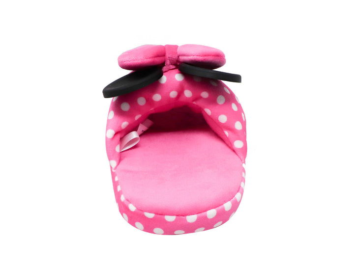 Pantufla fucsia de Minnie Mouse con moño rosa y lunares blancos.