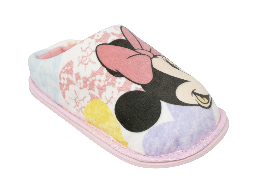 Pantufla rosa multicolor para niña con estampado de Minnie Mouse y moño rosa.