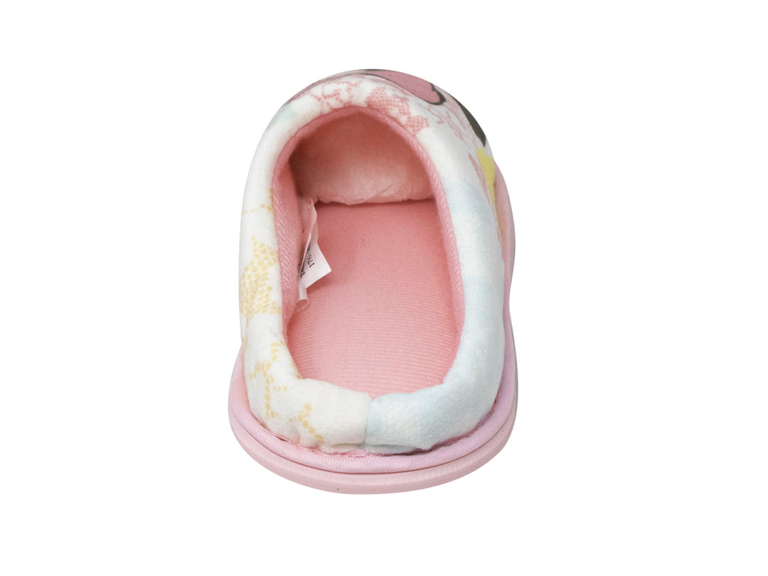 Pantufla rosa multicolor para niña con estampado de Minnie Mouse y moño rosa.