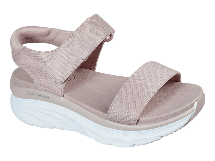 Sandalias Skechers D Lux Walker en color blush con suela blanca de plataforma y correas ajustables.