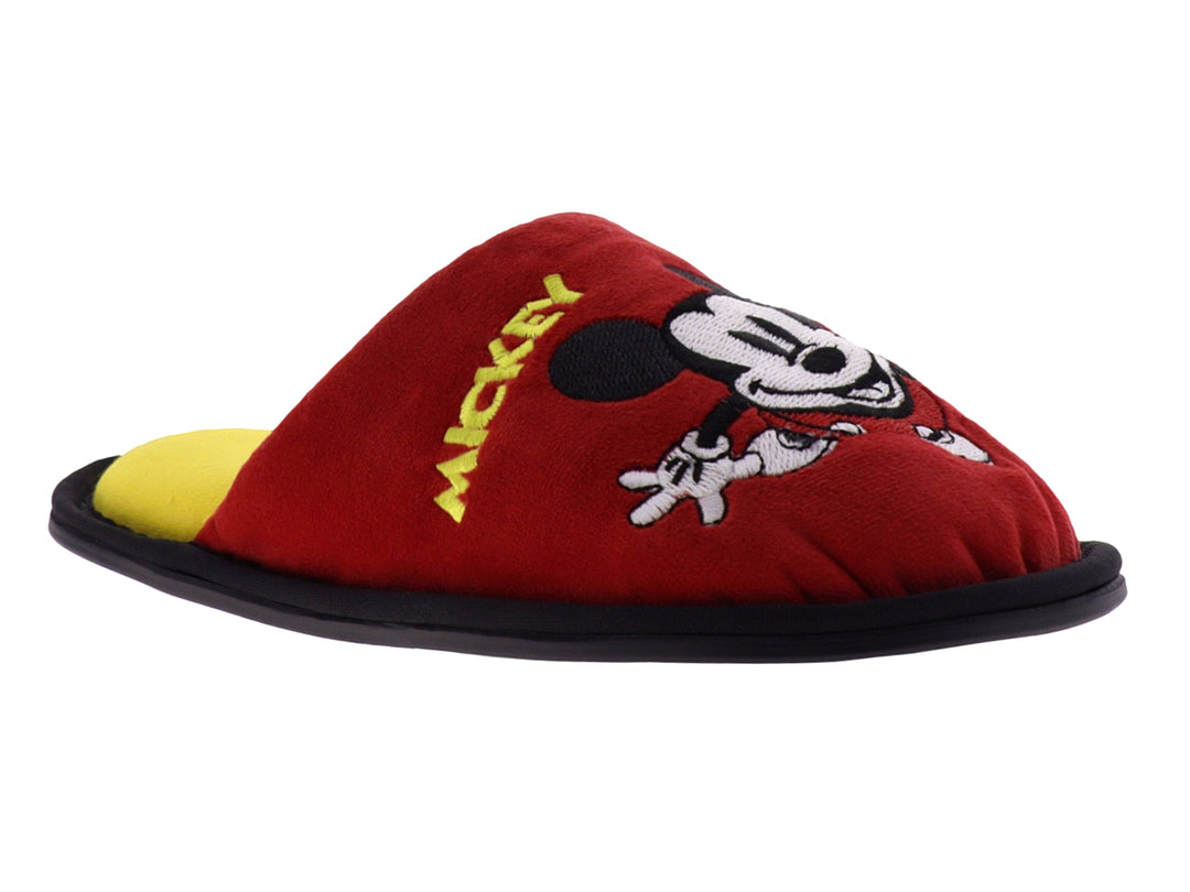 Pantufla roja de Mickey Mouse con detalles en amarillo y suela negra.