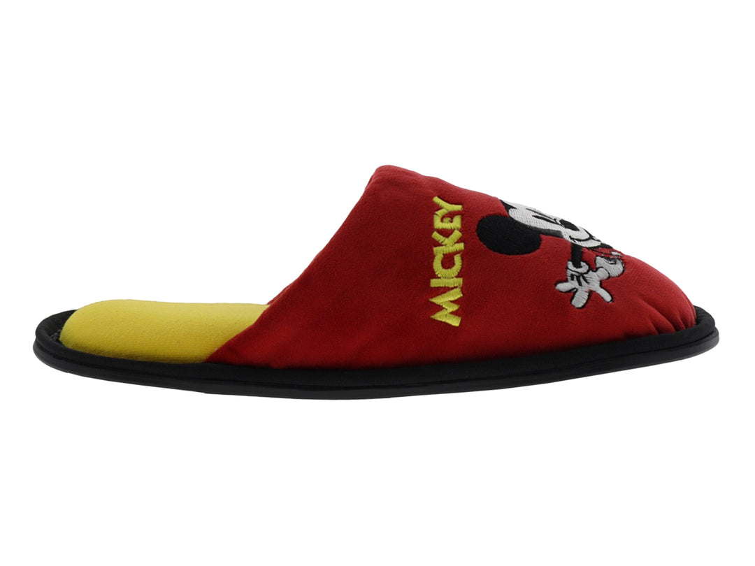 Pantufla roja de Mickey Mouse con detalles en amarillo y suela negra.