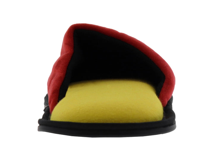 Pantufla roja de Mickey Mouse con detalles en amarillo y suela negra.