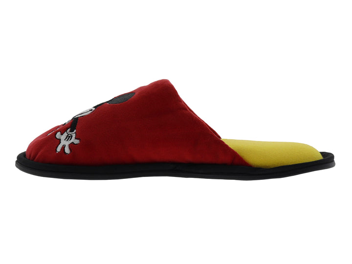 Pantufla roja de Mickey Mouse con detalles en amarillo y suela negra.