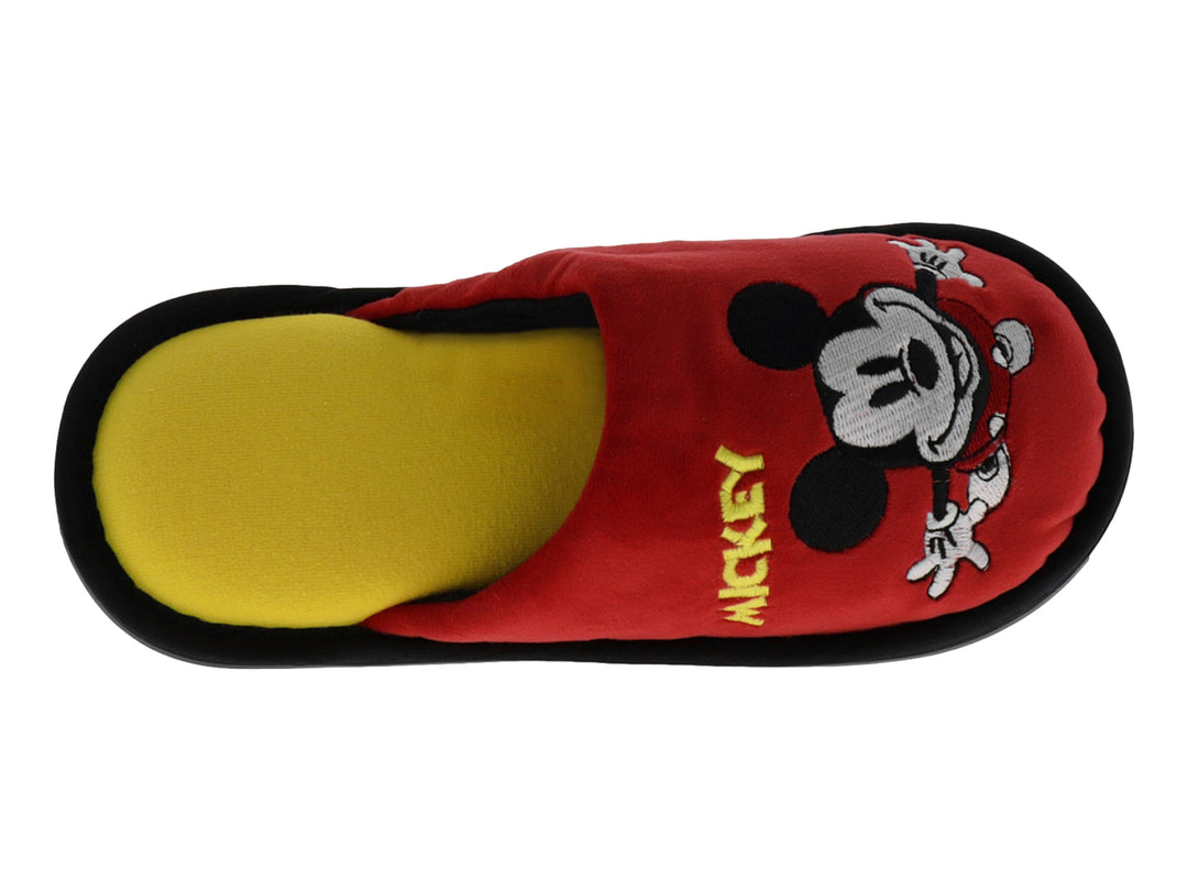 Pantufla roja de Mickey Mouse con detalles en amarillo y suela negra.