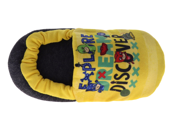 Pantufla infantil de color amarillo con estampado colorido y base gris.