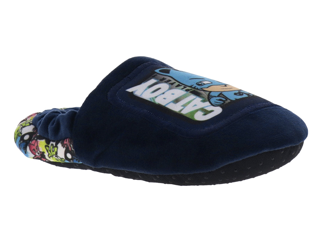 Pantufla infantil azul marino con diseño de Catboy y detalles multicolores en la parte posterior.