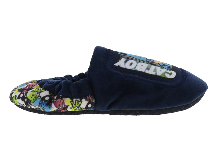 Pantufla infantil azul marino con diseño de Catboy y detalles multicolores en la parte posterior.