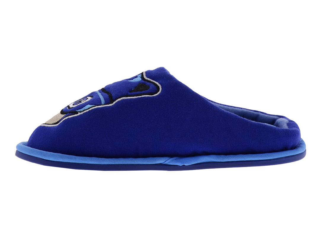 Pantufla azul de tela suave con diseño de personaje en la parte superior.
