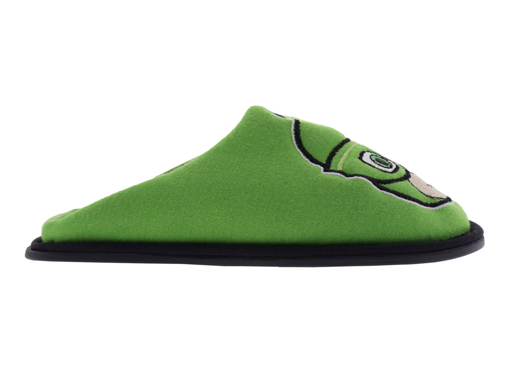 Pantufla verde para Niño con diseño de personaje y suela negra.