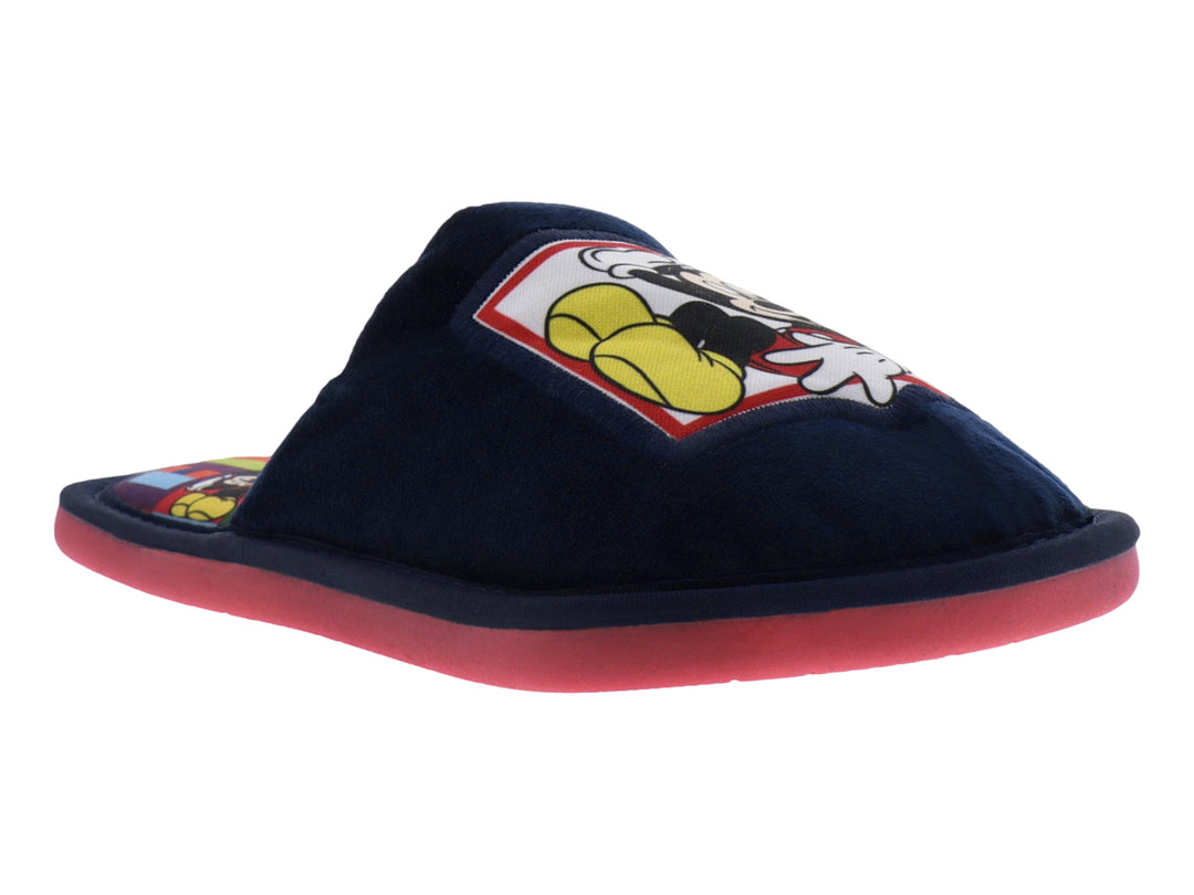 Pantufla azul marino para niño con diseño de Mickey Mouse y suela color rosa.