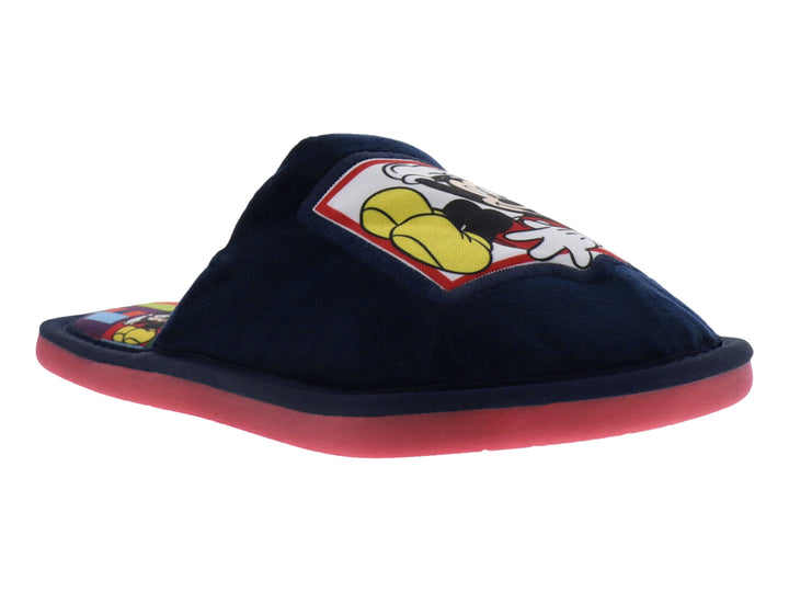 Pantufla azul marino para niño con diseño de Mickey Mouse y suela color rosa.