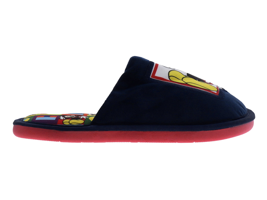 Pantufla azul marino para niño con diseño de Mickey Mouse y suela color rosa.