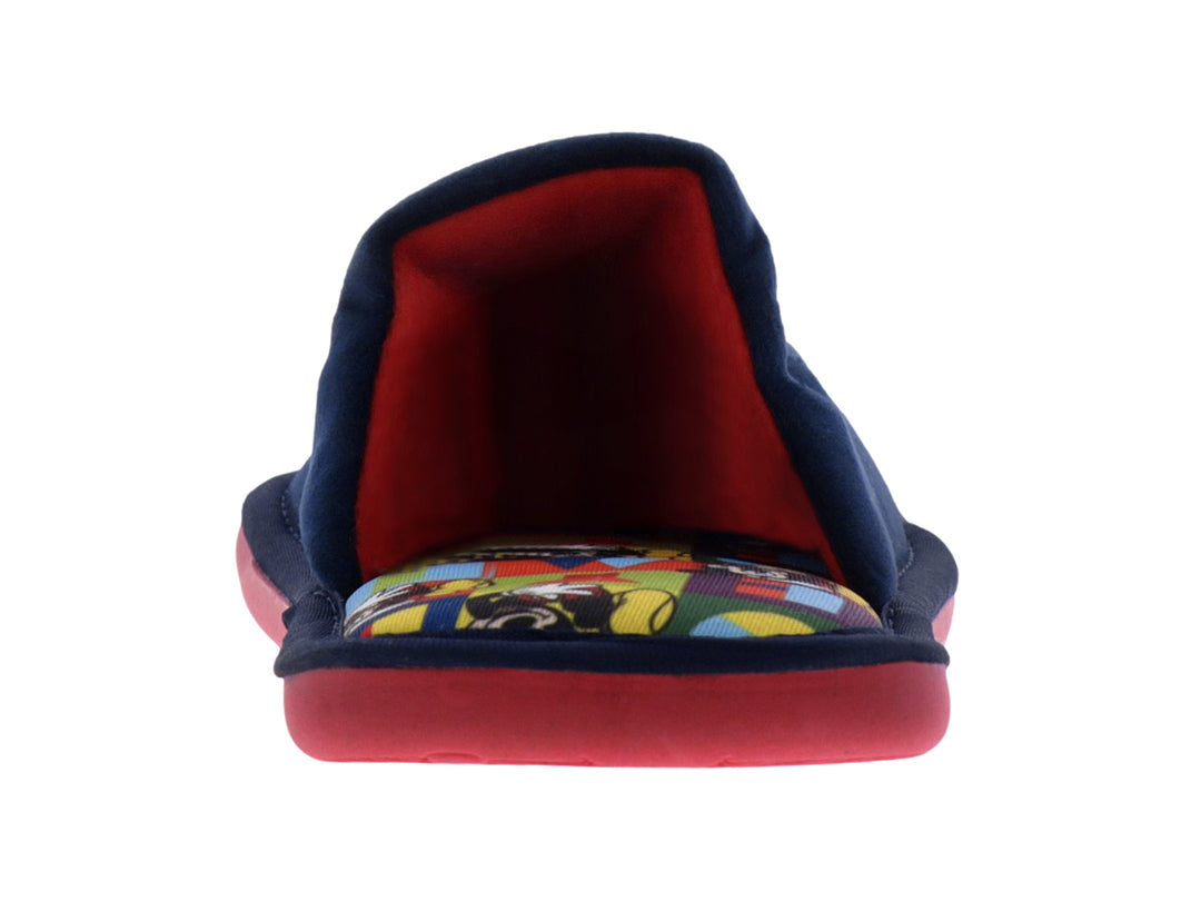 Pantufla azul marino para niño con diseño de Mickey Mouse y suela color rosa.