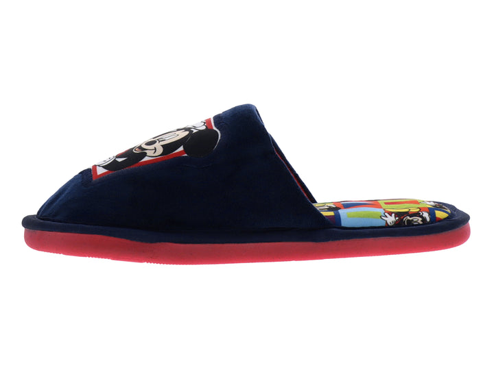Pantufla azul marino para niño con diseño de Mickey Mouse y suela color rosa.