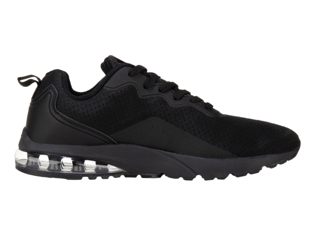 Tenis deportivos Lotto color negro con suela amortiguada transparente y cuerpo de tela transpirable.