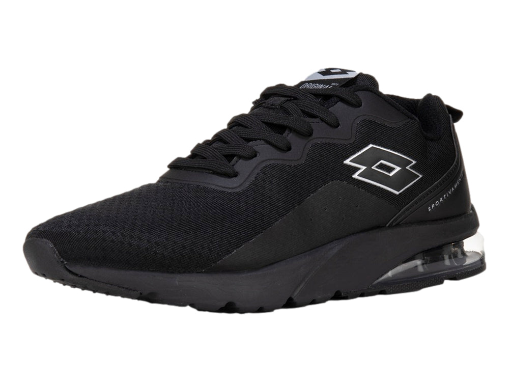Tenis deportivos Lotto color negro con suela amortiguada transparente y cuerpo de tela transpirable.