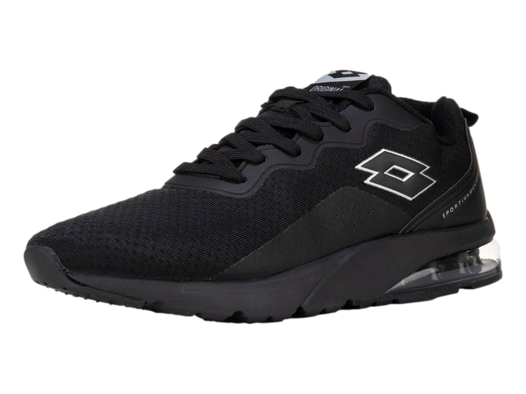 Tenis deportivos Lotto color negro con suela amortiguada transparente y cuerpo de tela transpirable.
