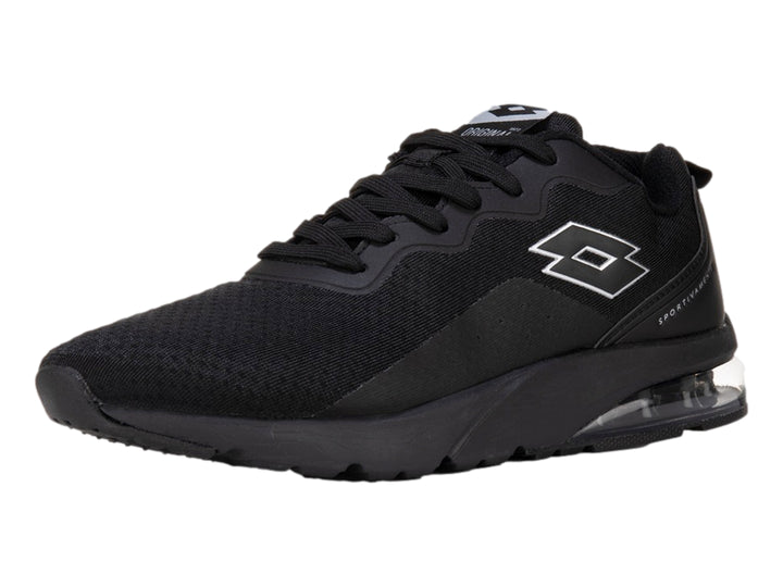 Tenis deportivos Lotto color negro con suela amortiguada transparente y cuerpo de tela transpirable.