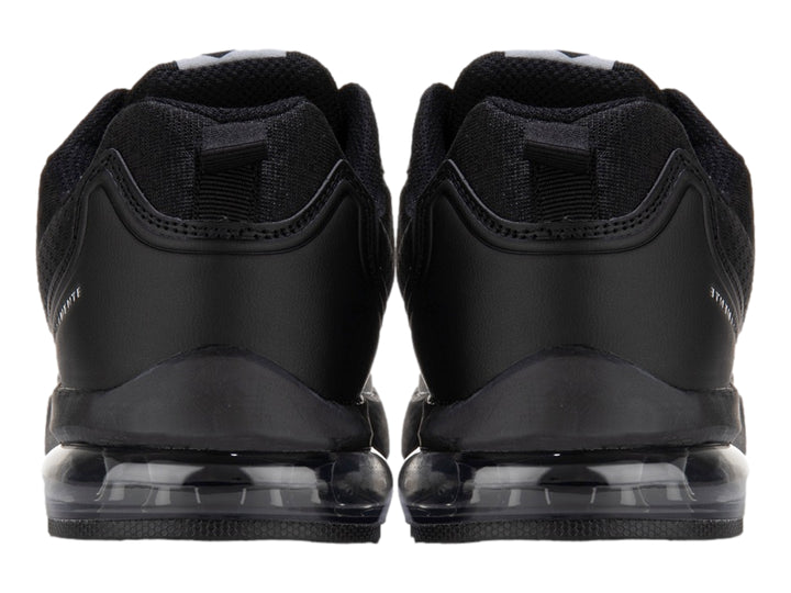Tenis deportivos Lotto color negro con suela amortiguada transparente y cuerpo de tela transpirable.