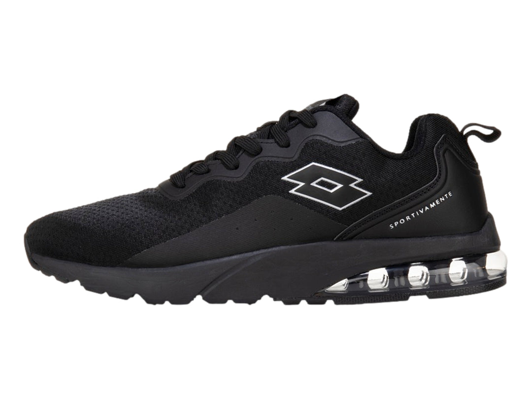 Tenis deportivos Lotto color negro con suela amortiguada transparente y cuerpo de tela transpirable.