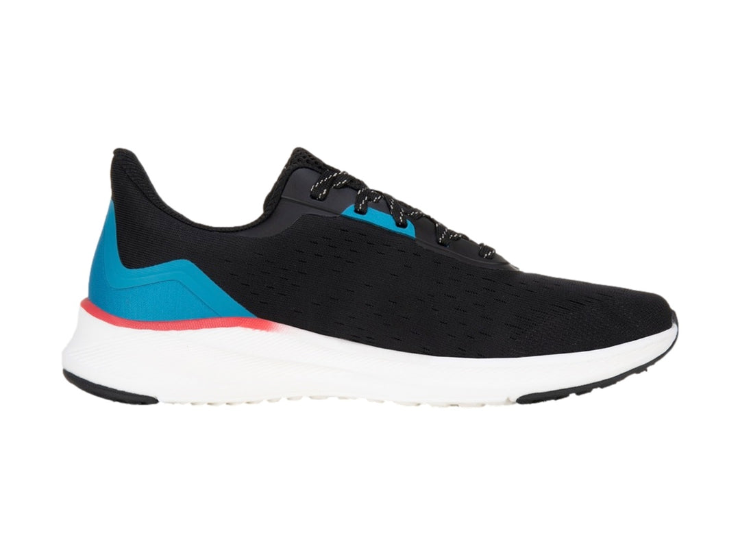 Tenis deportivos Lotto color negro con detalles en azul y suela blanca.