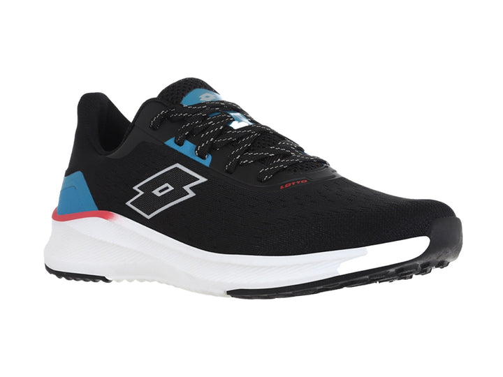 Tenis deportivos Lotto color negro con detalles en azul y suela blanca.
