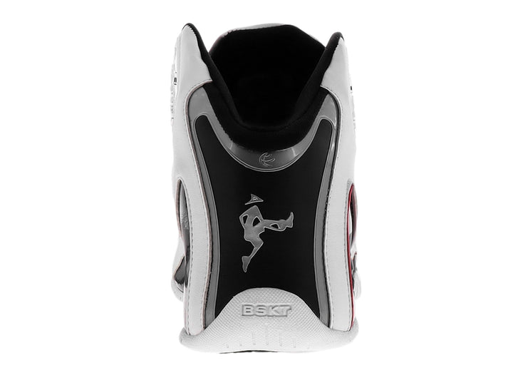 Tenis de baloncesto Pirma color blanco con detalles en negro y rojo, diseño de bota alta.