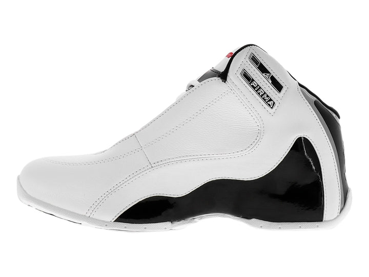 Tenis de baloncesto Pirma color blanco con detalles en negro y rojo, diseño de bota alta.