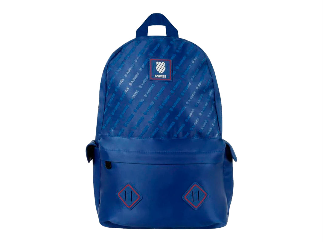 Mochila K-Swiss color azul con estampado de marca en la parte superior y bolsillo frontal.