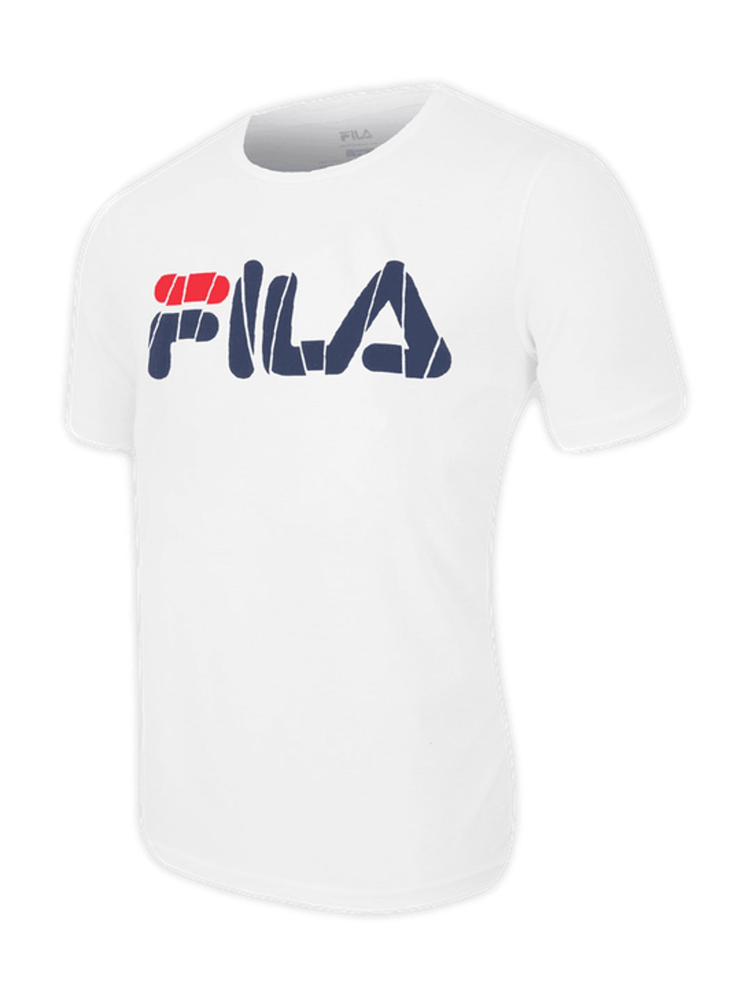 Playera blanca de manga corta marca FILA con logotipo grande en el pecho en colores azul y rojo.